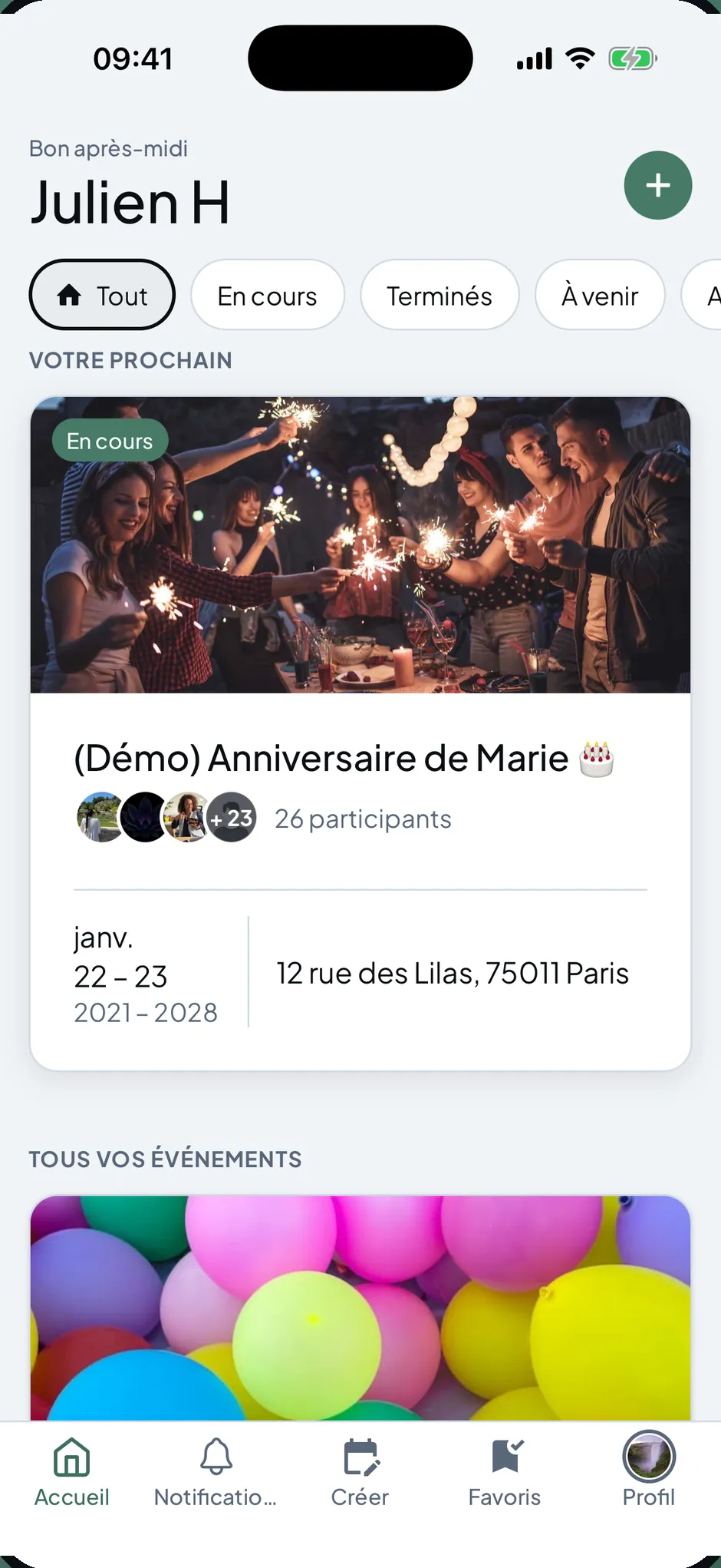 L'accueil de Fleev : l'événement à venir en vedette, avec sa photo, ses participants, ses dates et son lieu.