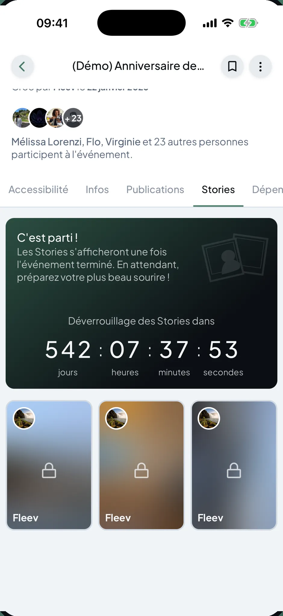 L'onglet Stories : le compte à rebours avant déverrouillage, et les photos encore cadenassées en dessous.