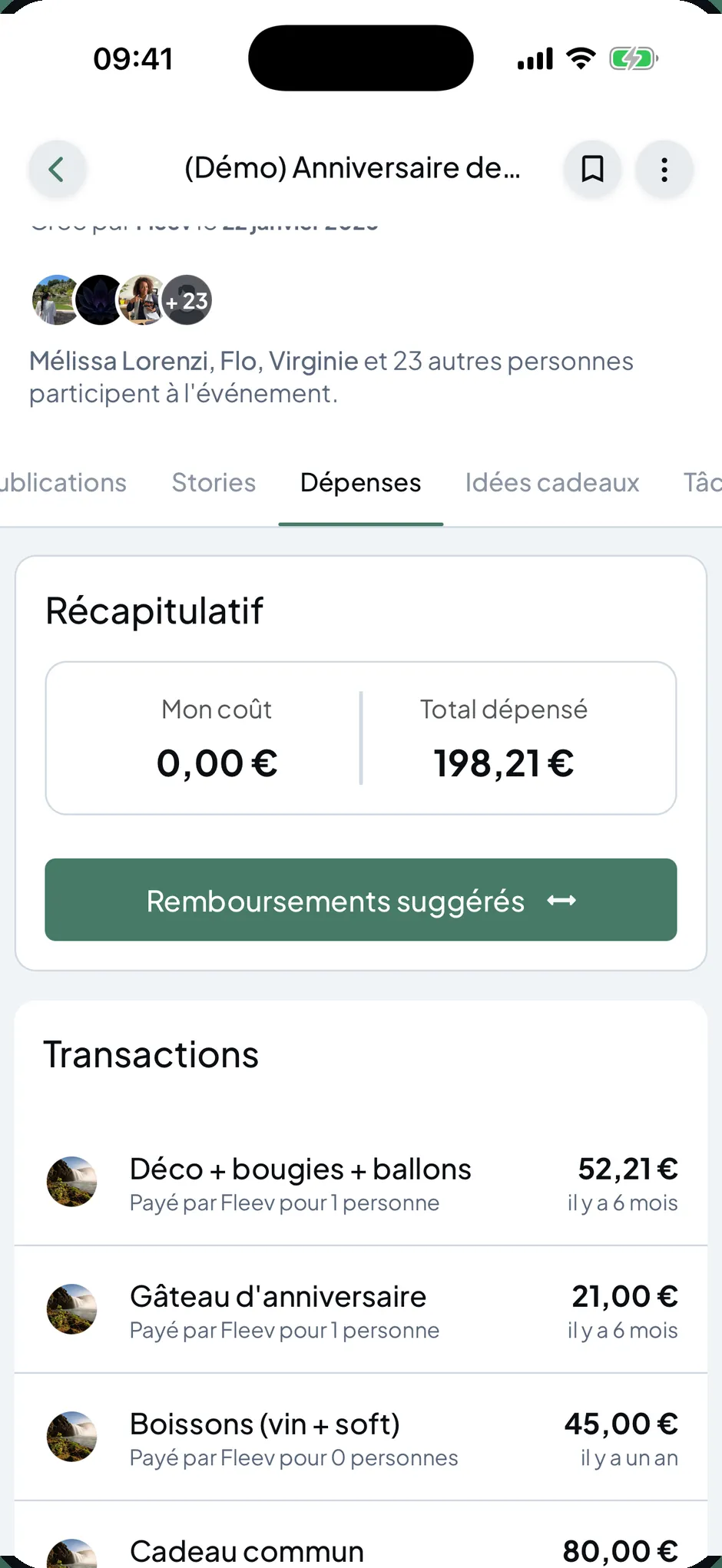 L'onglet Dépenses : récapitulatif du coût total, bouton « Remboursements suggérés », et la liste des transactions du groupe.