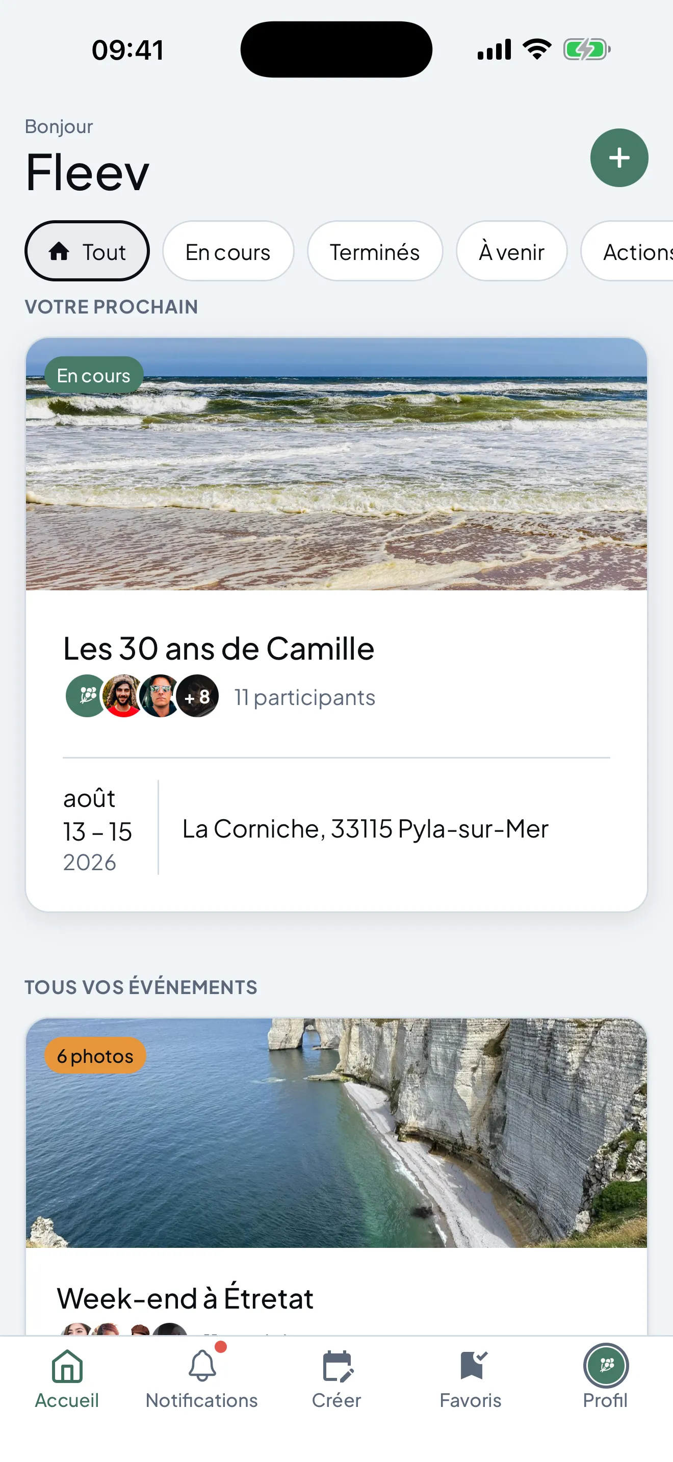 L'accueil de Fleev : l'événement à venir en vedette, avec sa photo, ses participants, ses dates et son lieu.
