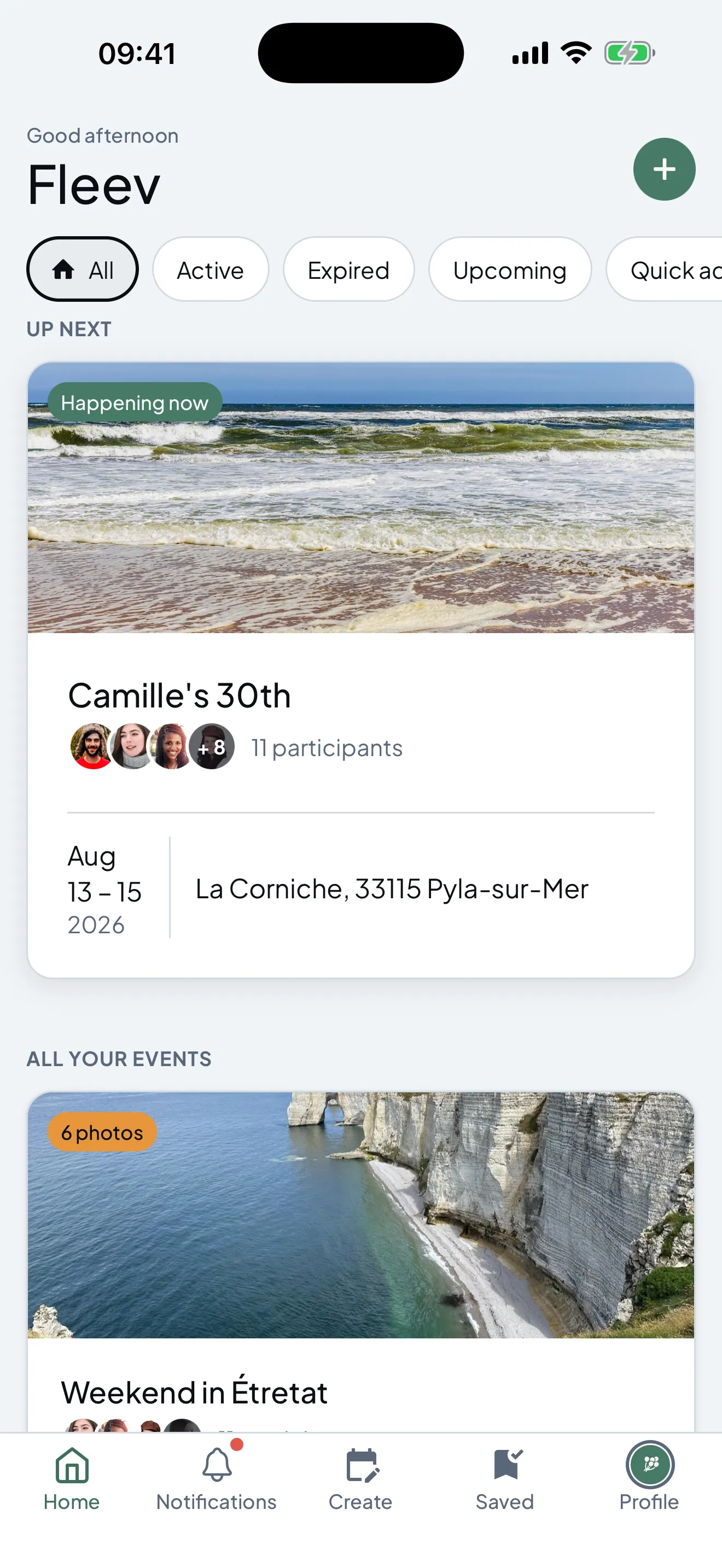 The Fleev home screen: the upcoming event featured, with its photo, guests, dates and location.
