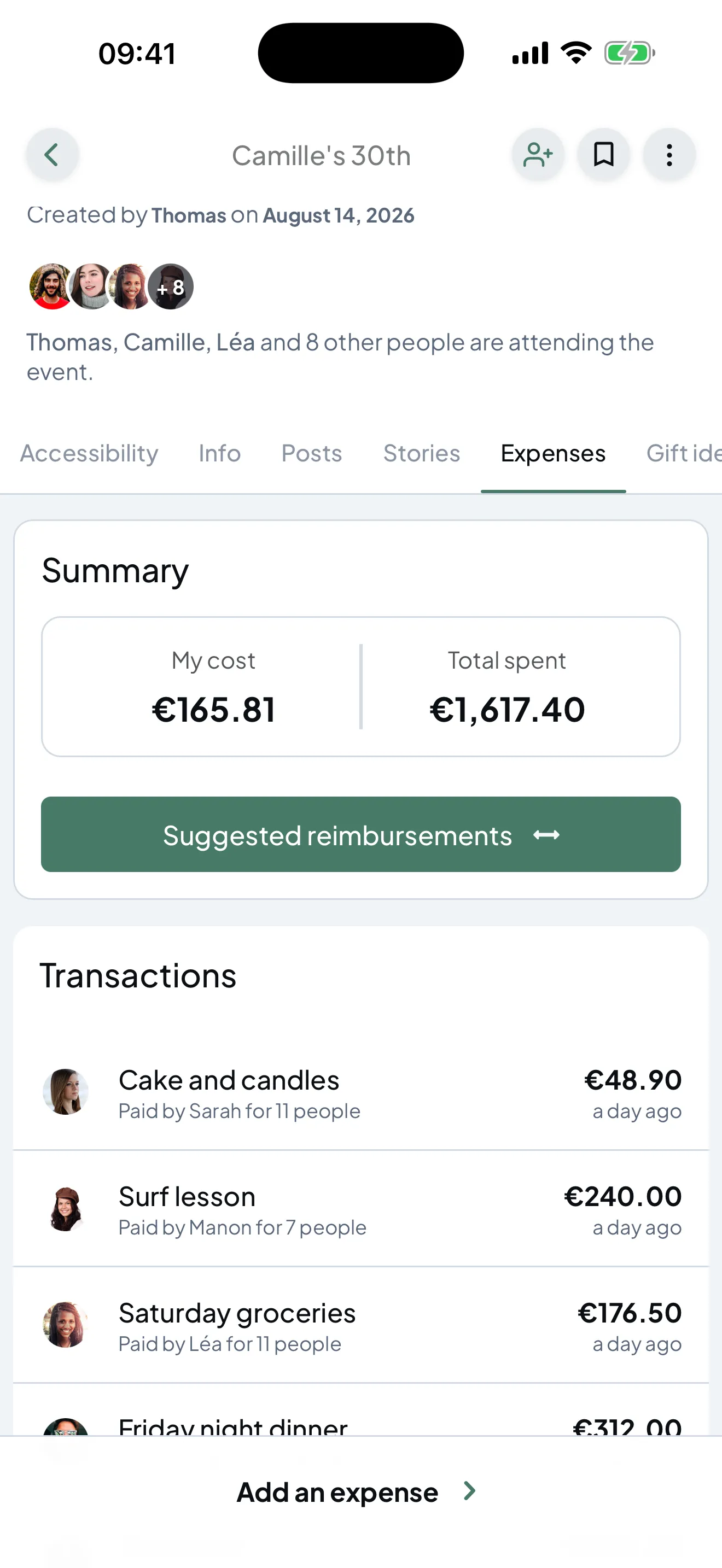The Expenses tab: a summary of the total cost, a “Suggested repayments” button, and the group's list of transactions.