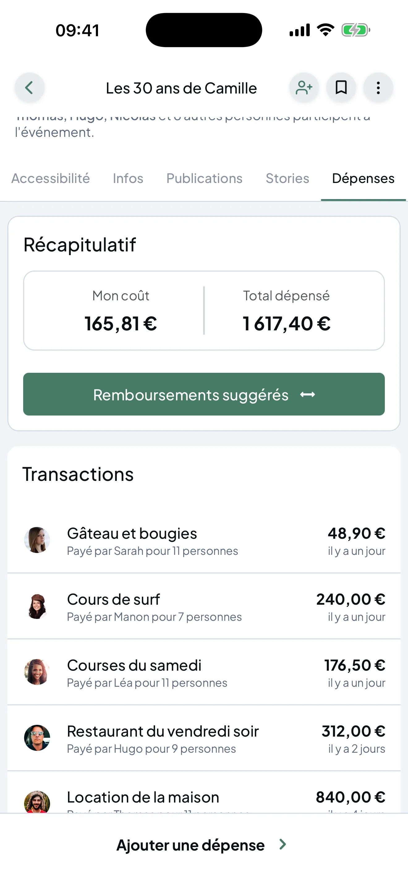 L'onglet Dépenses : récapitulatif du coût total, bouton « Remboursements suggérés », et la liste des transactions du groupe.