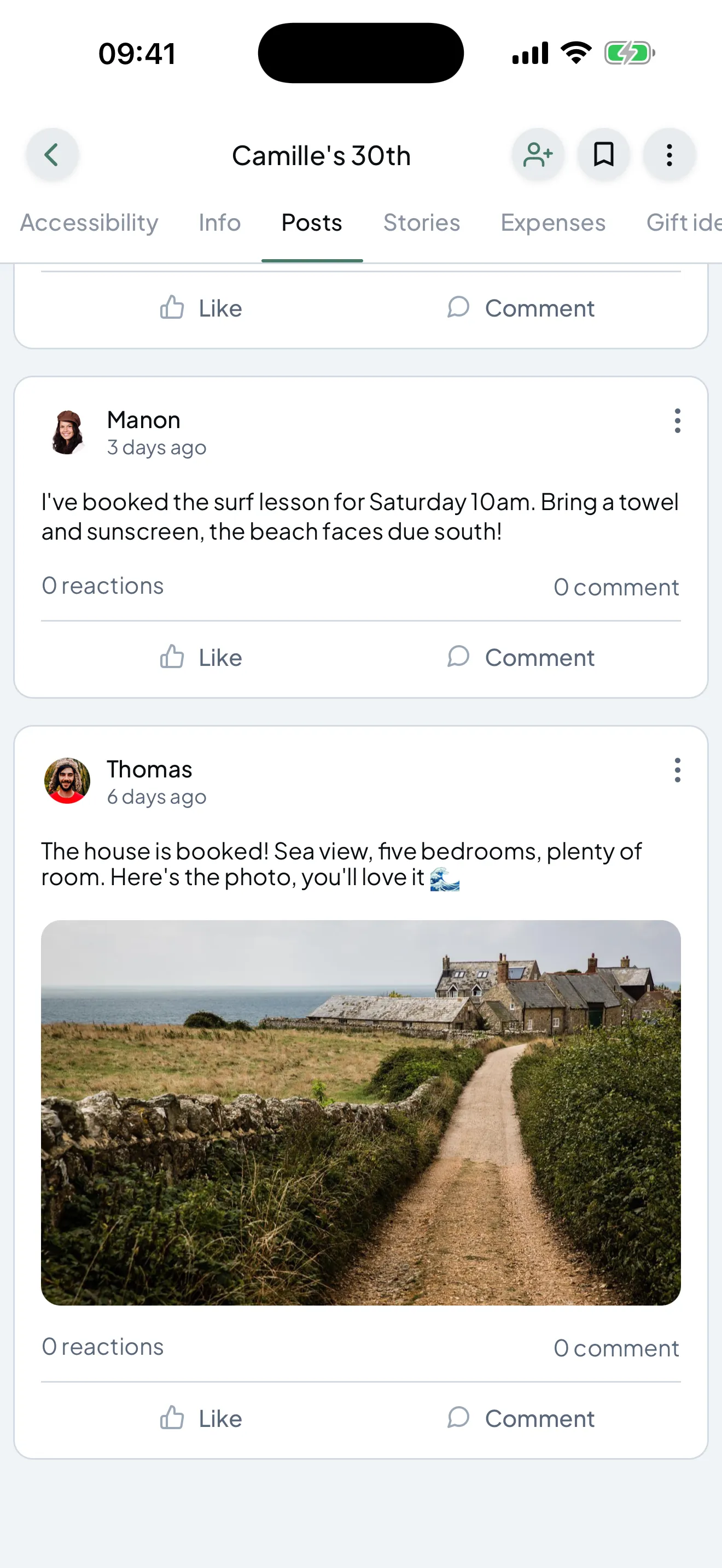 The Posts tab: a message from the group and a poll asking what everyone wants to eat.
