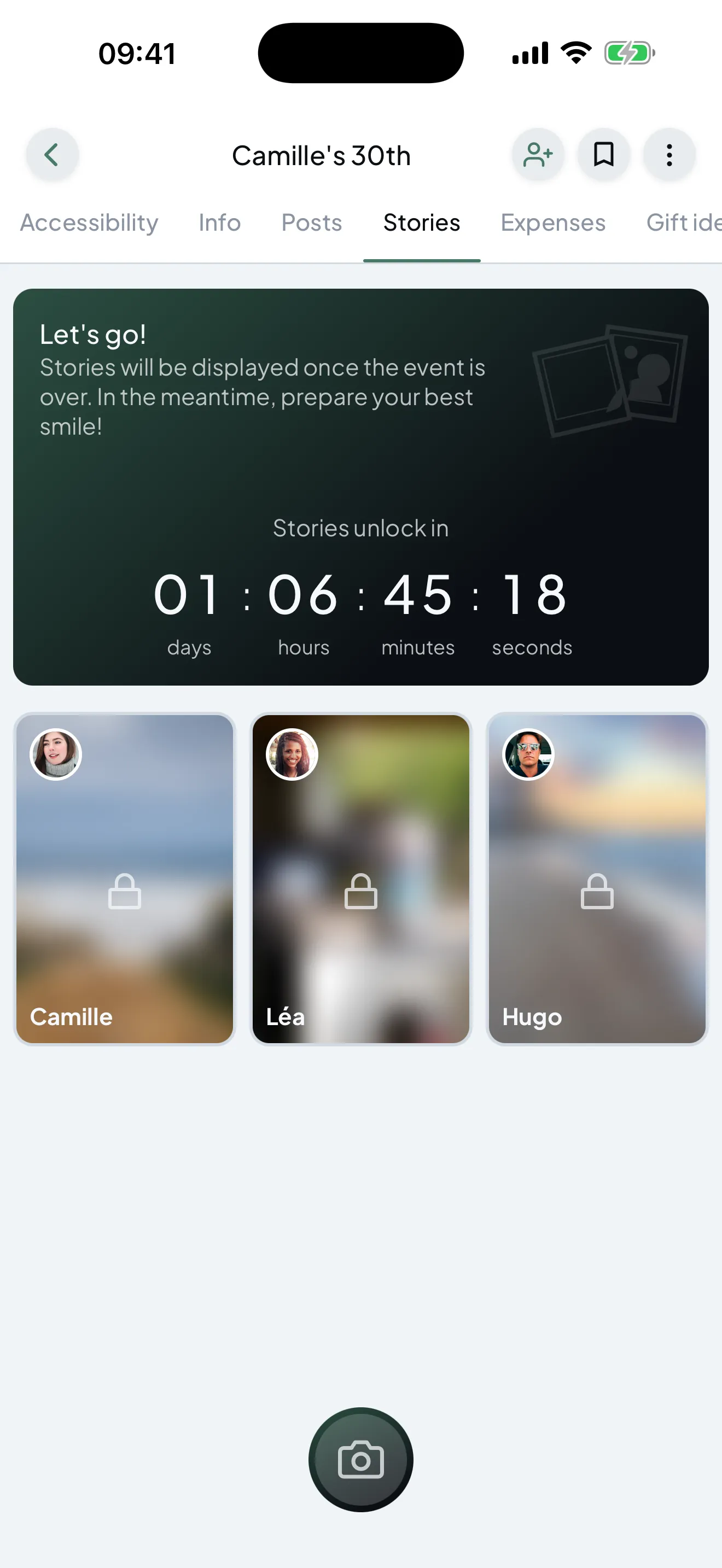 The Stories tab: the countdown to unlocking, with still-locked photos underneath.