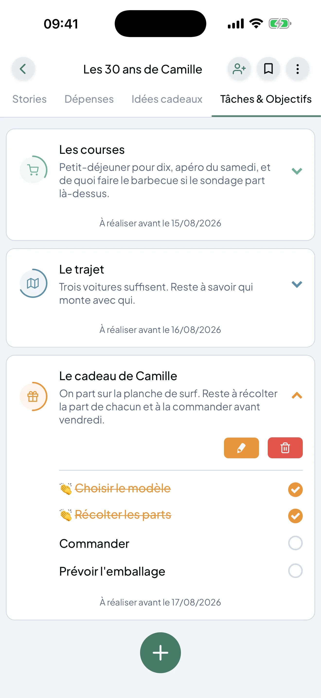 La fiche d'un événement, avec la liste de ses modules : informations, publications, stories, dépenses, idées cadeaux, tâches.