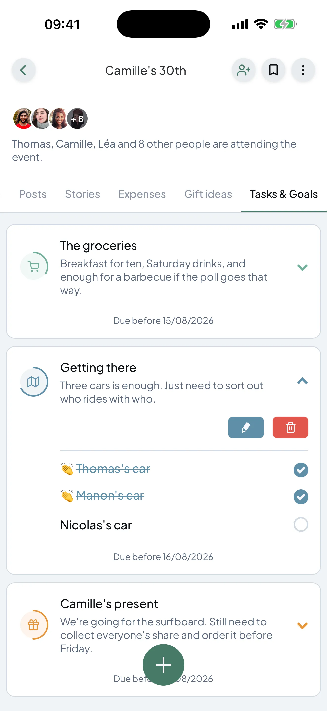 An event page listing its modules: information, posts, stories, expenses, gift ideas, tasks.